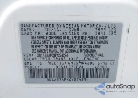 2016 Nissan Sentra S z USA, uszkodzony, nr VIN 3N1AB7APXGY274294